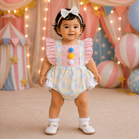 Romper Bebê Menina Palhacinha Circo com Laço