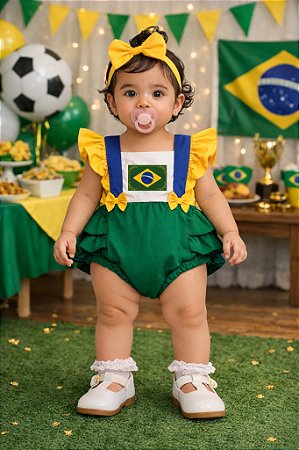 Romper Jardineira Copa do Mundo Bandeira do Brasil