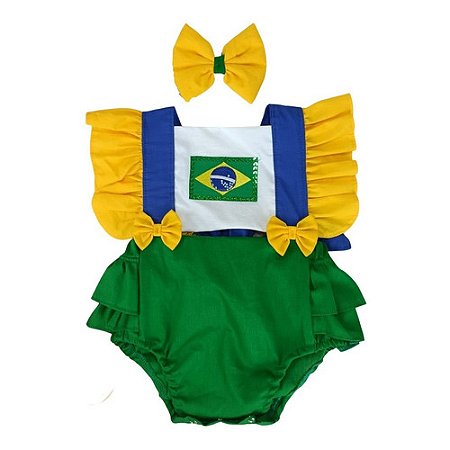 Romper Jardineira Copa do Mundo Bandeira do Brasil