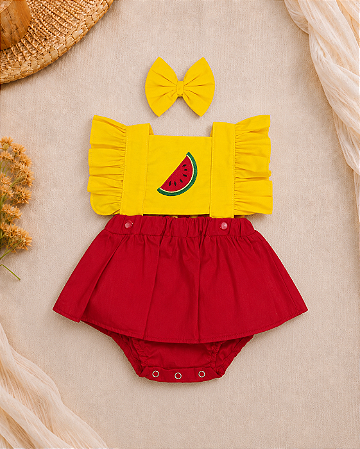 Romper Melancia com Saia e Laço para Bebê Menina