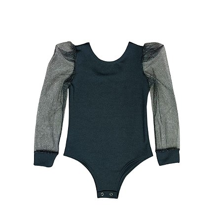 Bory Infantil Manga Longa Bufante de Tule em Glitter - Preto