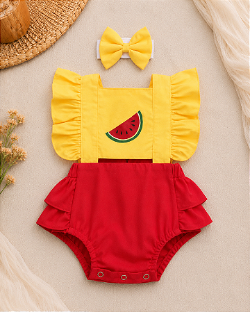 Romper Melancia com Laço para Bebê Menina