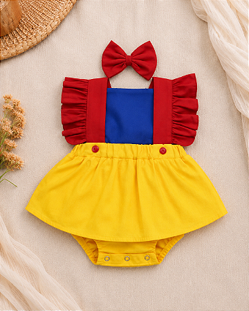 Jardineira Salopete Branca de Neve com Saia para Bebê Menina