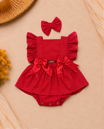 Romper Natalino com Saia e Lacinho para Bebê Menina