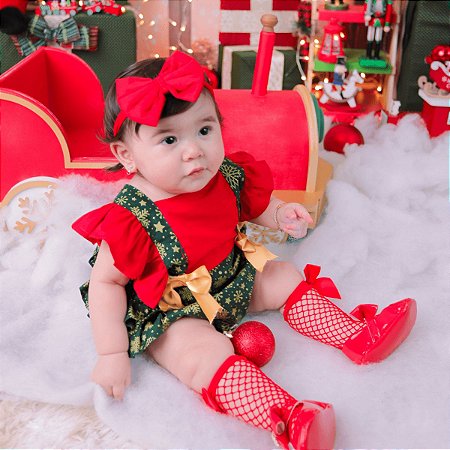 Romper Natalino Bebê - verde e Dourado