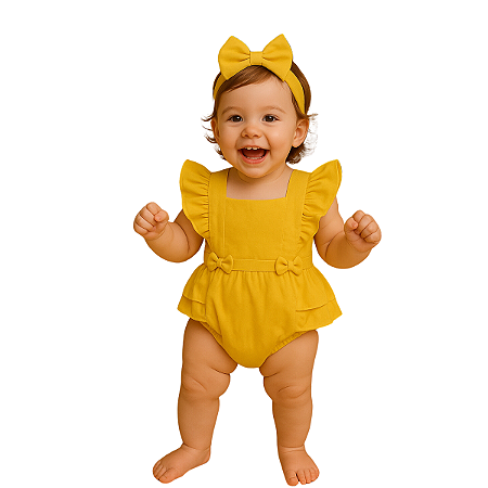 Romper Amarelinho com Faixa Jardineira Temático Bebê Menina