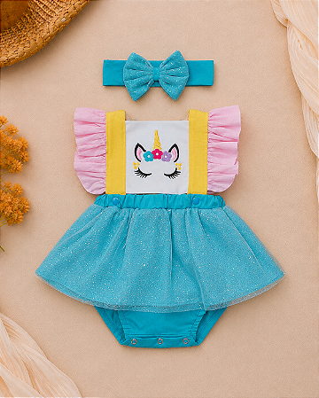 Romper Unicórnio com Faixa para Bebê Menina
