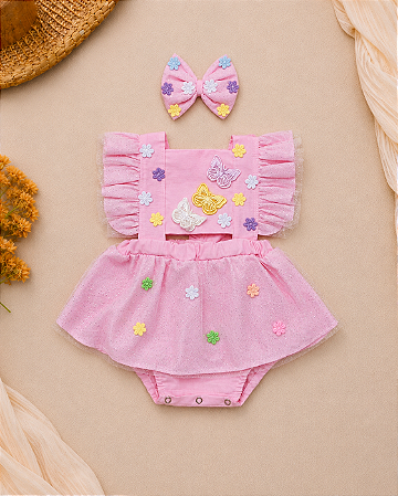 Romper Jardim Encantado Rosa para Bebê Menina com Laço
