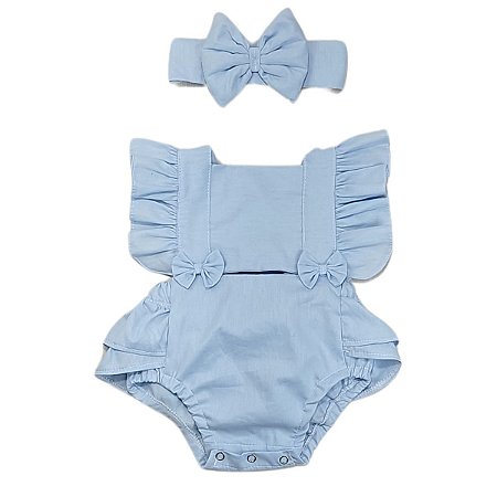 Romper Azul Bebê liso Tricoline 100% Algodão
