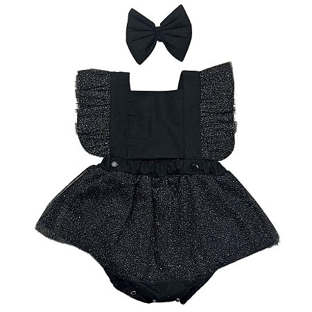 Romper de Saia Liso Preto com Tule