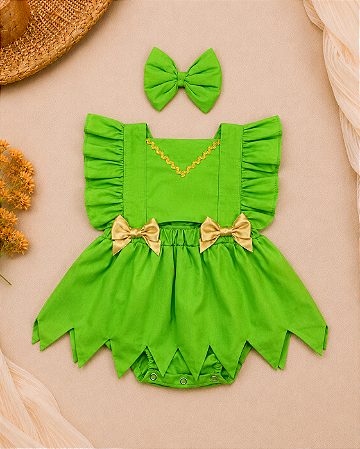 Romper Jardineira Sininho Tinker Bell com Saia e Lacinho