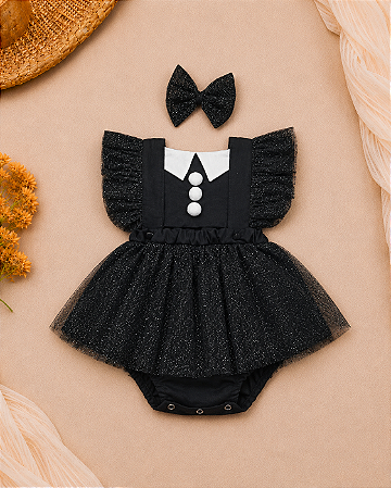 Romper Jardineira Wandinha com Saia para Bebê Menina