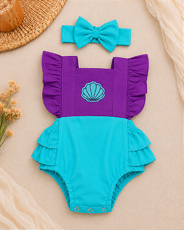 Romper Jardineira Ariel Pequena Sereia Estampado com Faixa