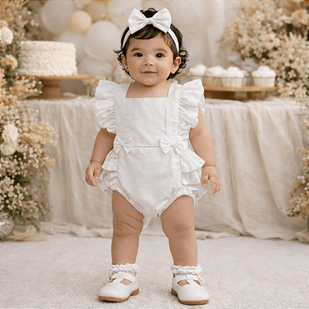 Romper Bebê Menina Branco Liso Minimalista com Faixa