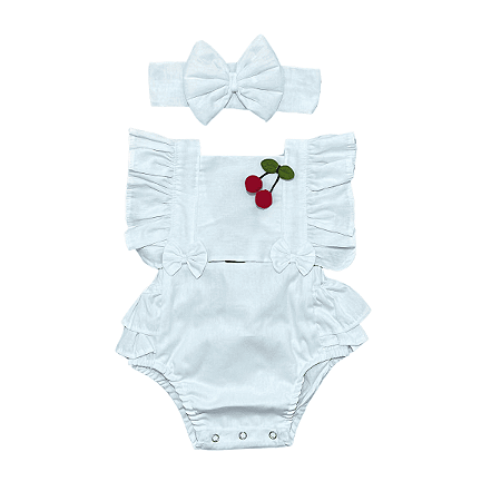 Romper Bebê Menina Liso Cerejinha Branco Tricoline 100% Algodão