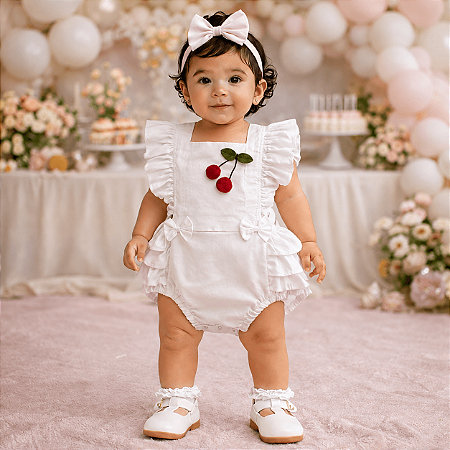 Romper Bebê Menina Cerejinha Branco com Faixa