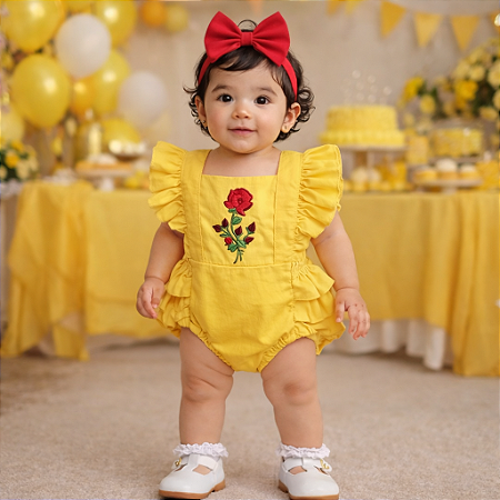 Romper Bela e a Fera Bebê Menina com Laço