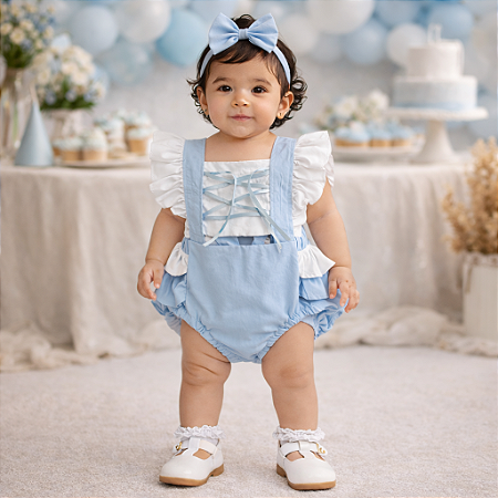 Romper Bebê Menina Cinderela Azul com Laço
