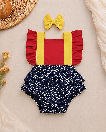 Romper Infantil Mulher Maravilha Azul com Laço
