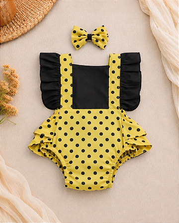 Romper Bebê Abelhinha Tricoline Amarelo e Preto com Laço