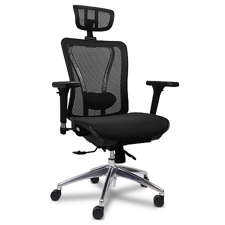 Cadeira de Escritório Comfy Caprice Tela Mesh Preta, Base Alumínio, Braço 3D, Assento Deslizante e Relax Avançado