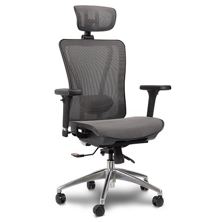 Cadeira de Escritório Comfy Caprice Tela Mesh Cinza, Base Alumínio, Braço 3D, Assento Deslizante e Relax Avançado