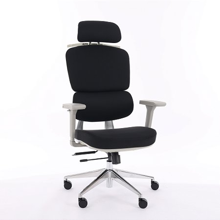 Cadeira de Escritório Comfy Clarity Cinza Tecido Preto, Base Alumínio, Braço 4D, Assento Deslizante Relax