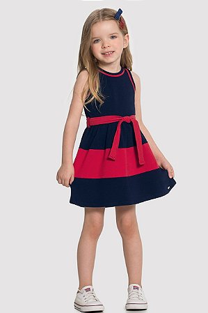 Vestido em Cotton com Cinto Infantil Menina Marinho - Alakazoo