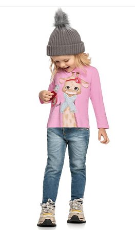 Blusa Infantil Menina Meia Estação com Estampa Interativa Girafa - Kely & Kety
