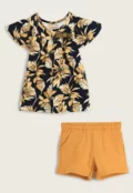 Conjunto Infantil Menina Blusa Floral e Short Mostarda - Milon