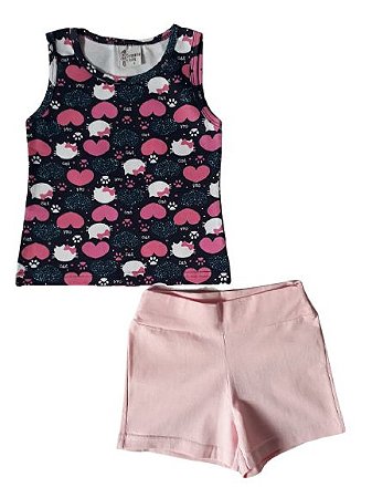 Conjunto de Verão Feminino "Cat Corações"
