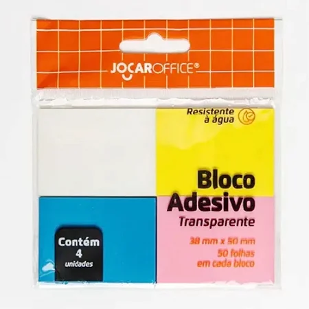 Bloco Adesivo Transparente Colors c/4 | Jocar Office