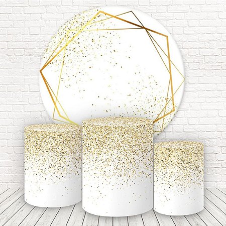 Painel Redondo e Capas Tecido Sublimado Glitter Branco e Dourado WKPC-566
