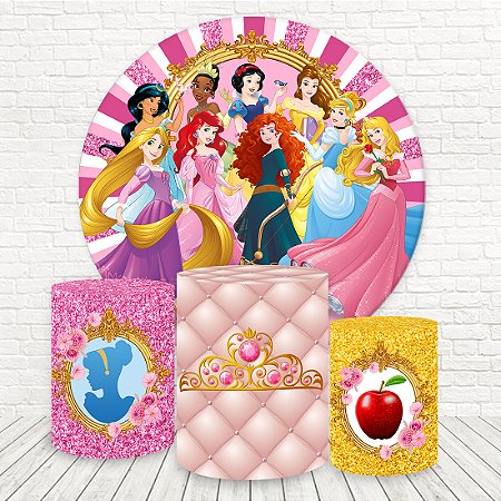 Painel Redondo e Capas Tecido Sublimado 3D Princesas WKPC-3031