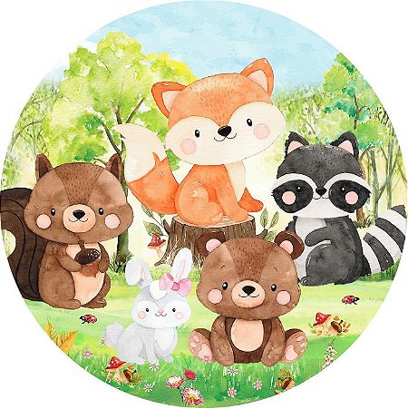 Painel Bosque Animais Cute Bichos Redondo Estampado em Tecido Malha