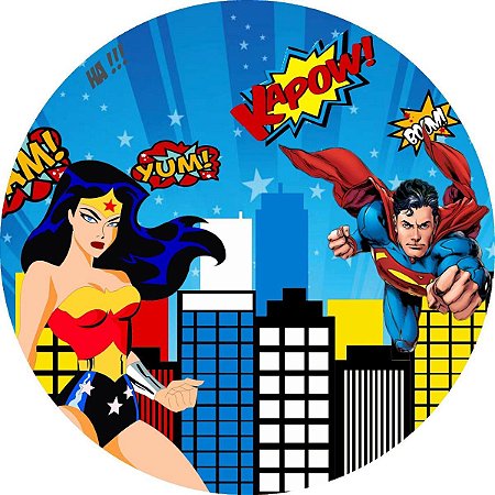 Painel Redondo Tecido Sublimado 3D Super Homem e Mulher Maravilha WRD-2473