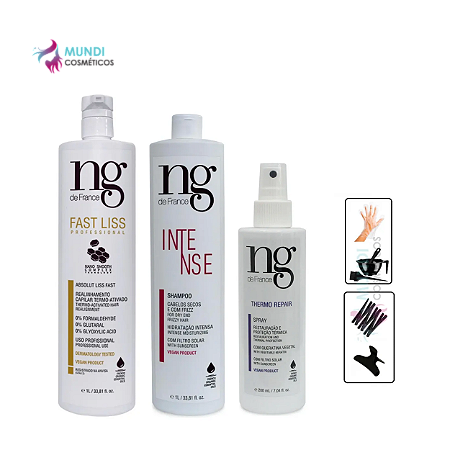 Kit Fast Liss 1L, Thermo 120ml e Shampoo intense 1L NG De France