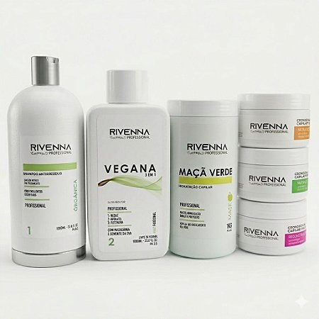 Shampoo Antirresíduo 1L + Progressiva Rivenna Vegana 1L + Hidratação de Maçã Verde 1kg + Kit Cronograma Capilar 300g