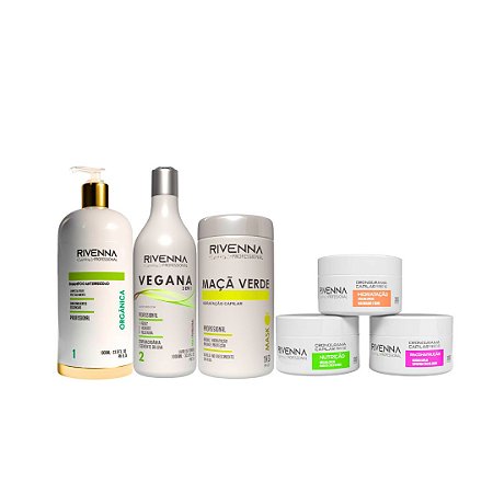 Shampoo Antirresíduo 1L + Progressiva Rivenna Vegana 1L + Hidratação de Maçã Verde 1kg + Kit Cronograma Capilar 300g