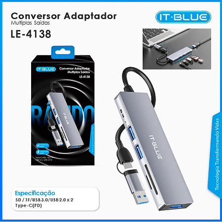 Hub Adaptador iT Blue LE4138 - 7 em 1 Tipo C e USB