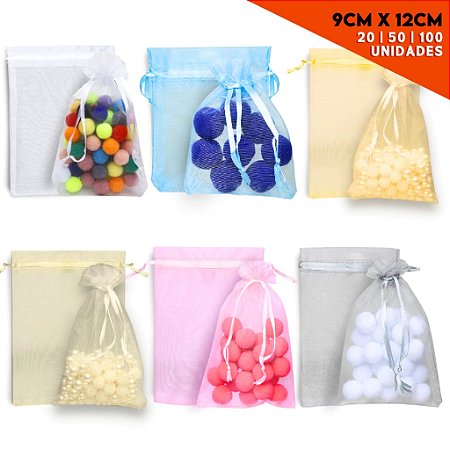 Kit 100 Saco de Organza P/ Lembrancinha - 9x12 - C/ Fita de Cetim