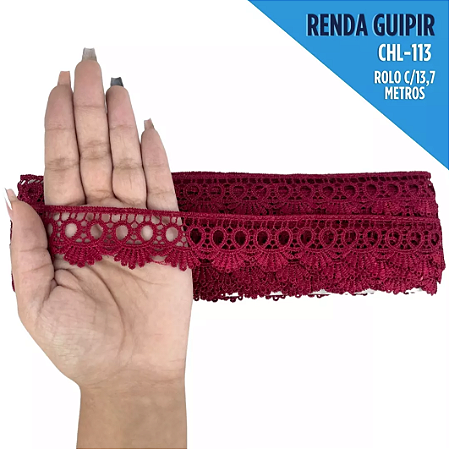 Renda Guipir CHL-113 - 2.5 Cm -  Rolo C/13.7 Mts Cor:Vinho-Claro