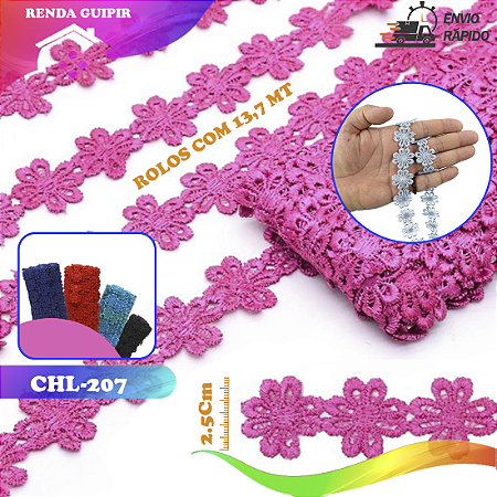 Renda Guipir CHL-207 Flor 2.5 Cm - Rolo C/13.7 Metros Cor:Pink-Claro