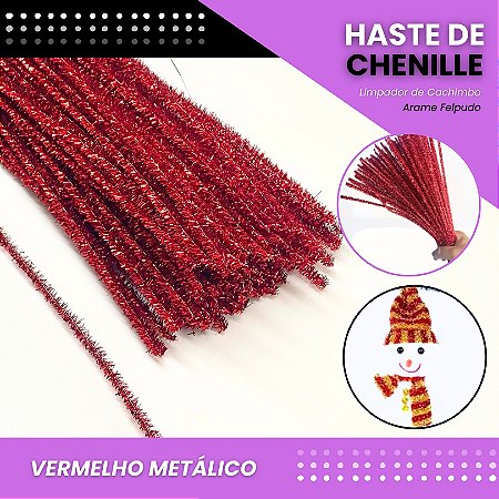 100 Haste De Chenille Limpador De Cachimbo Fios Artesanato 30cm Cor:Vermelho-Metalico