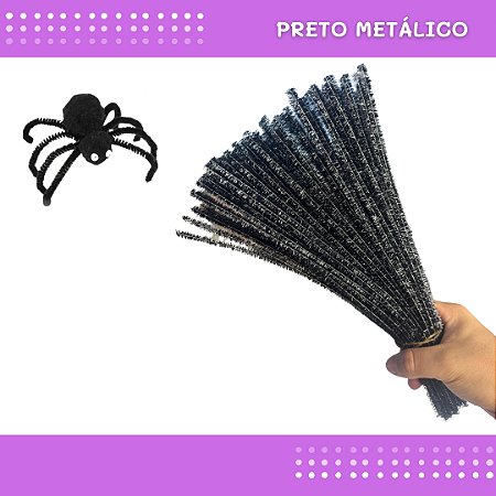 100 Haste de Chenille Limpador de Cachimbo Fios Artesanato 30cm COR:PRETO-METALICO