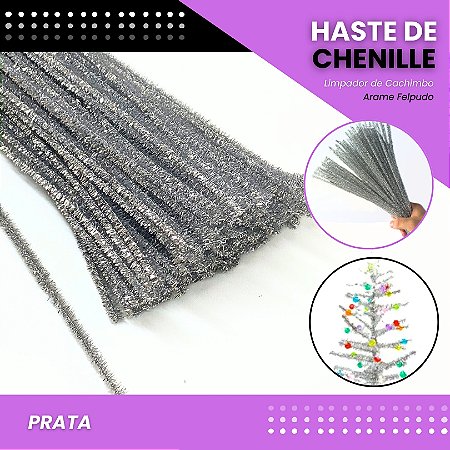100 Haste De Chenille Limpador De Cachimbo Fios Artesanato 30cm Cor:Prata