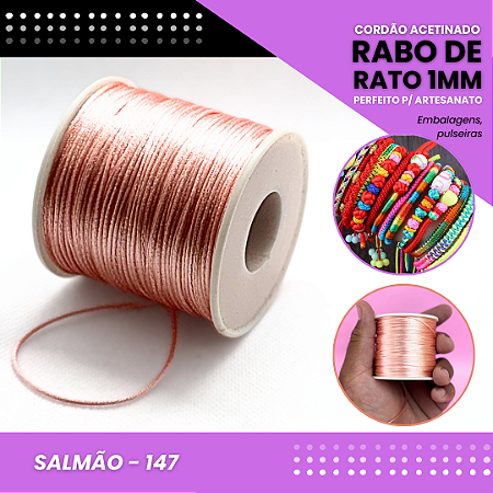 Cordão Acetinado Rabo de Rato - Fio de Seda - 1mm - Rolo C/100 Mts COR:SALMAO