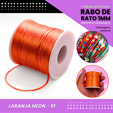 Cordão Acetinado Rabo de Rato - Fio de Seda - 1mm - Rolo C/100 Mts COR:LARANJA-NEON