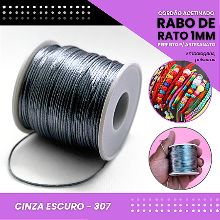 Cordão Acetinado Rabo de Rato - Fio de Seda - 1mm - Rolo C/100 Mts COR:CINZA-ESCURO