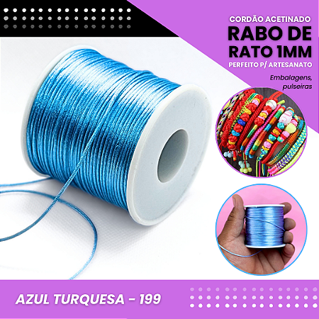 Cordão Acetinado Rabo de Rato - Fio de Seda - 1mm - Rolo C/100 Mts COR:AZUL-TURQUESA